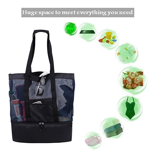 Mesh Beach Tote Bag with zippers Top Insulated Picnic Cooler