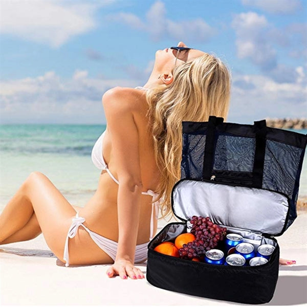 Mesh Beach Tote Bag with zippers Top Insulated Picnic Cooler