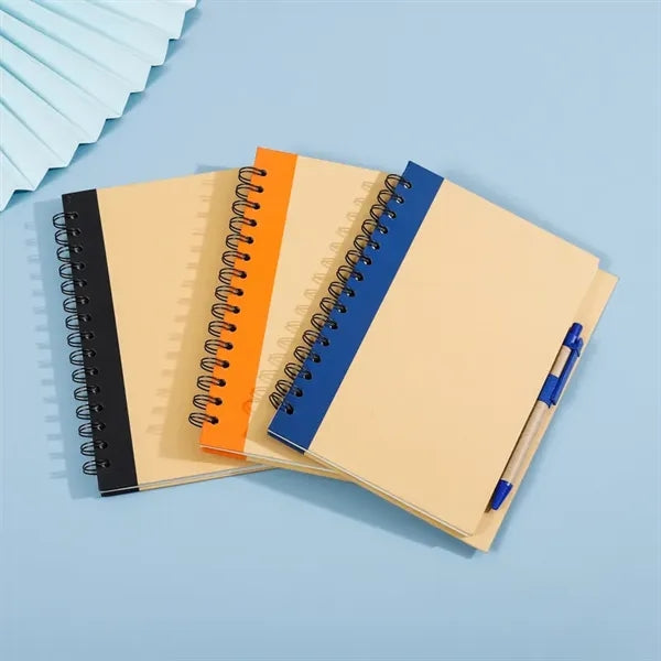Hard Kraft Cover Spiral Lined Journal Notebook with Pen