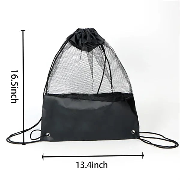 Drawstring Mesh Spliced Polyester Fabric Bag