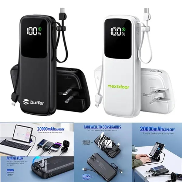 Portable Charger Mega 20000mAh With Cables AC Wall Plug