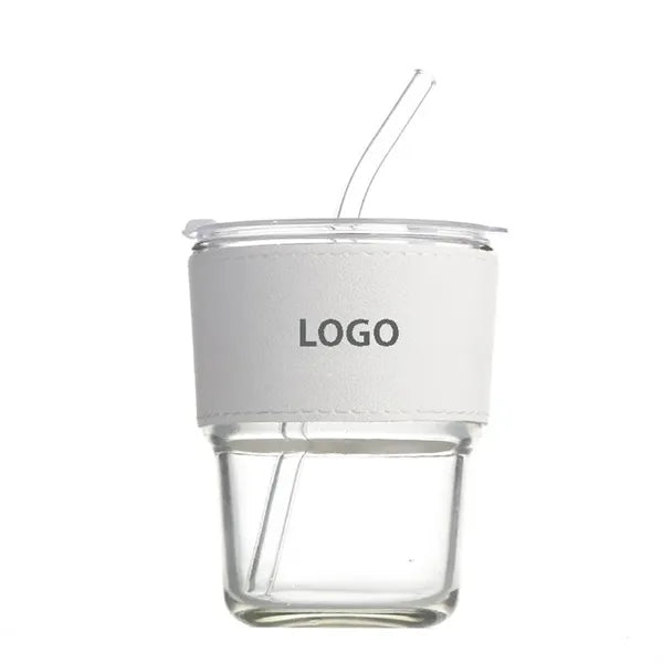 13oz Glass Water Tumbler With Straw and Leather Sleeve