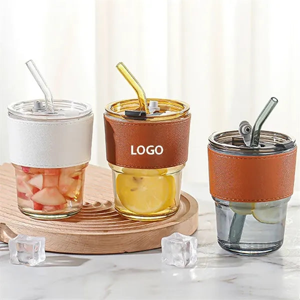 13oz Glass Water Tumbler With Straw and Leather Sleeve
