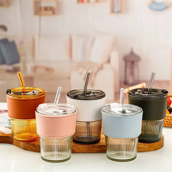 13oz Glass Water Tumbler With Straw and Leather Sleeve
