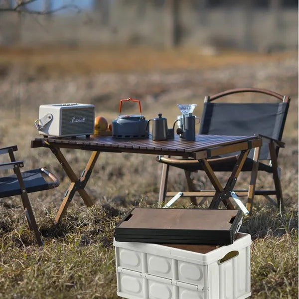 Outdoor Camping Box With Foldable Wooden Lid