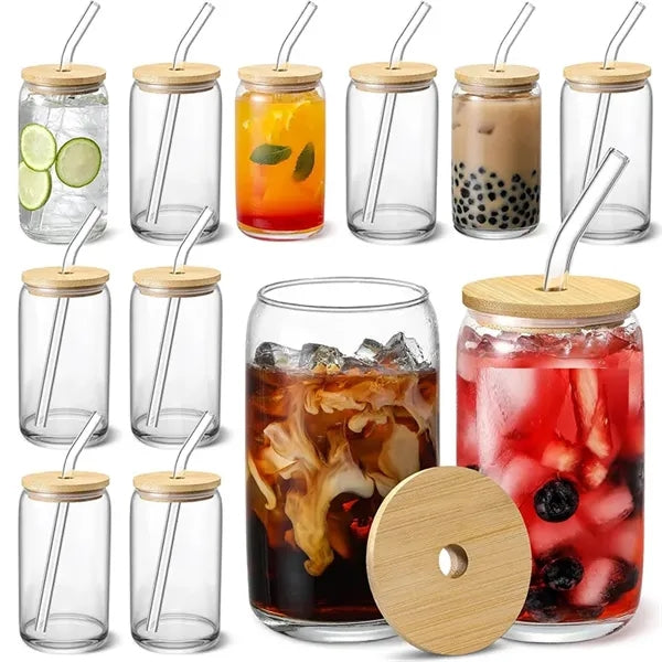 16oz Glass Tumbler Cups with Bamboo Lids and Straws