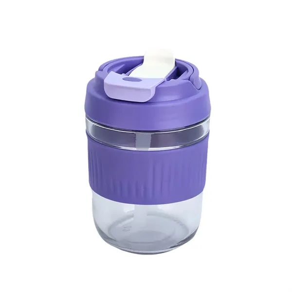 Portable 13 OZ Glass Water Cup with Lid and Straw