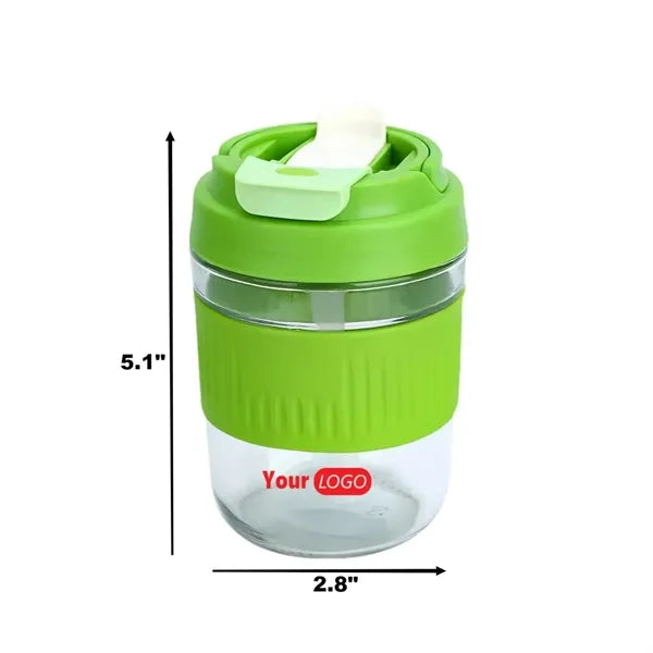 Portable 13 OZ Glass Water Cup with Lid and Straw