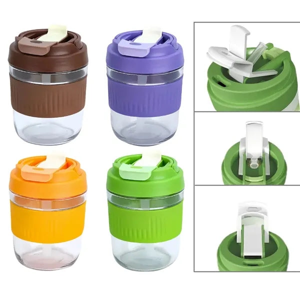 Portable 13 OZ Glass Water Cup with Lid and Straw