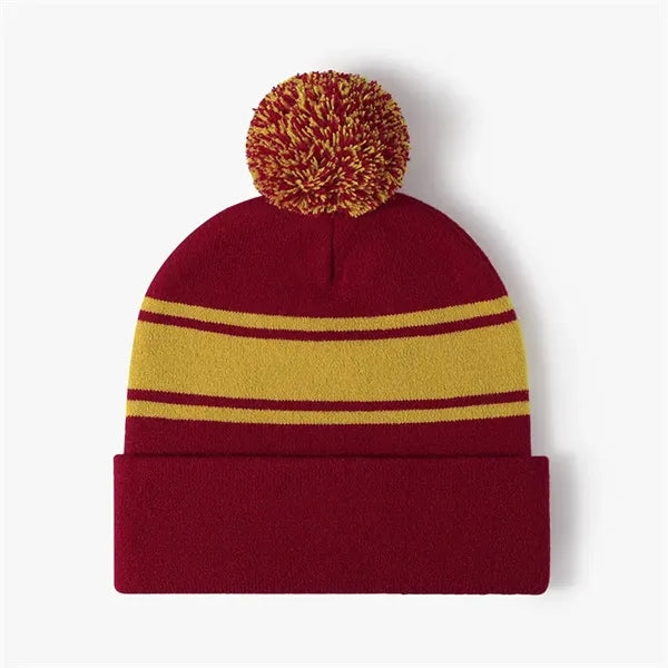 Winter Beanie Pom-Pom Stripe Knit Skull Slouch Ski Hat