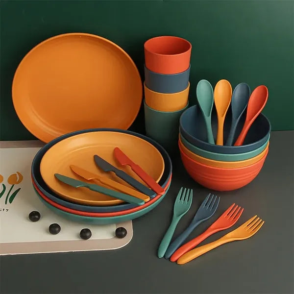 Portable Wheat Straw Knife Fork Spoon Bowl Cup Tableware Set