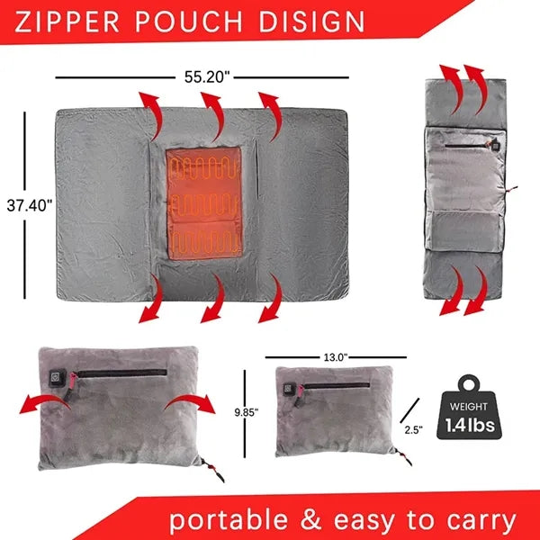 Zippered USB Rechargeable Heating Warm Shawl Flannel Blanket
