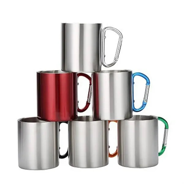 Double Stainless Steel Camping Mug Metal Cup with Carabiner