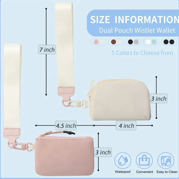 Portable Dual Pouch Wristlet Keychain Wallet With Zipper