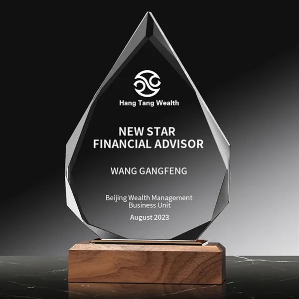Crystal Glass Trophy Award on Wood Base
