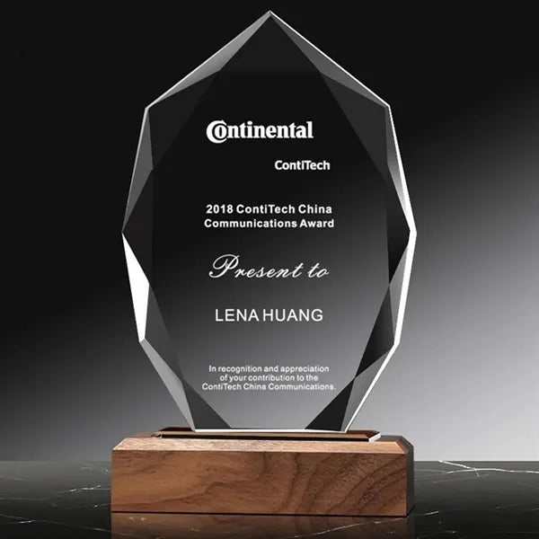 Crystal Glass Trophy Award on Wood Base