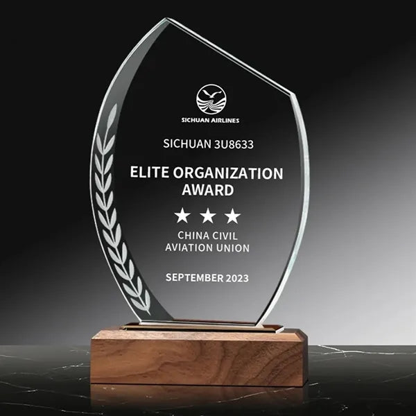Crystal Glass Trophy Award on Wood Base