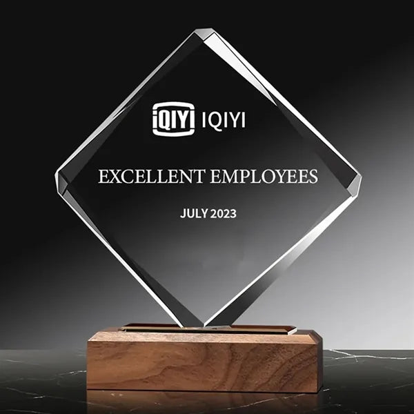 Crystal Glass Trophy Award on Wood Base