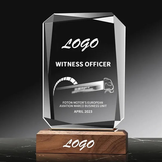 Crystal Glass Trophy Award on Wood Base