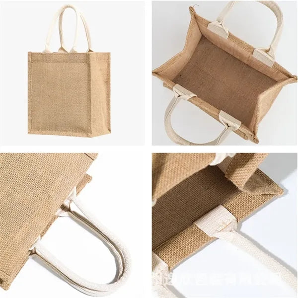 100% Natural Jute Burlap Tote Bag With Soft Canvas Handles