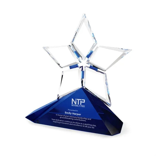 Clear Crystal Star Award on a Blue Base