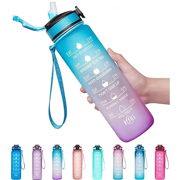 32oz Drinking Water Bottle with Time Marker & Straw