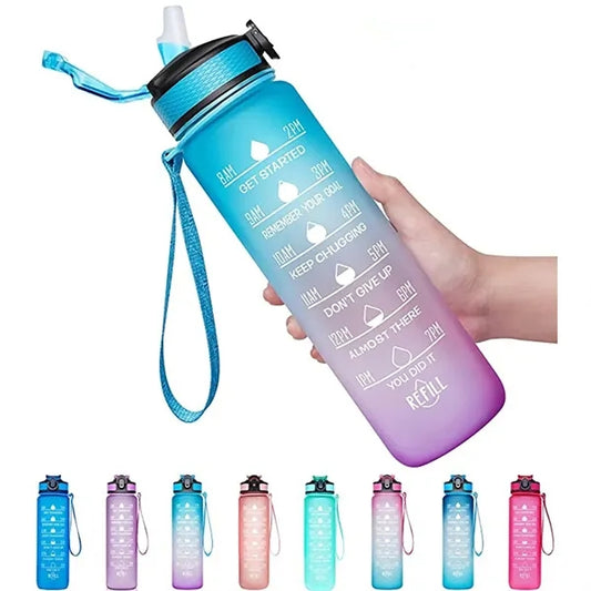 32oz Drinking Water Bottle with Time Marker & Straw