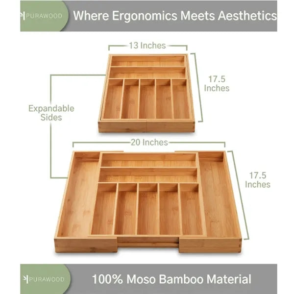 Bamboo Cutlery Flatware Organizer Expandable Kitchen Utensil