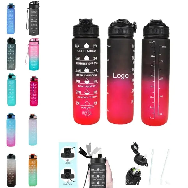 32 oz Sport Water Bottles with Times to Drink and Straw