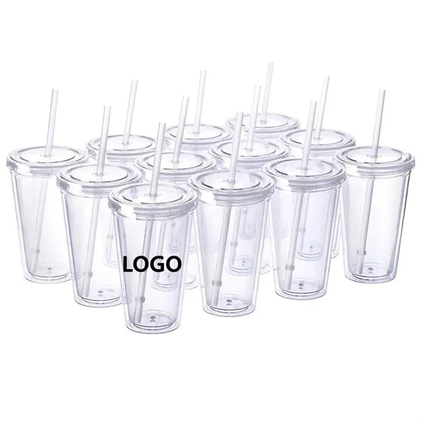 16 oz Double Wall Plastic Cups with Lid&Straw
