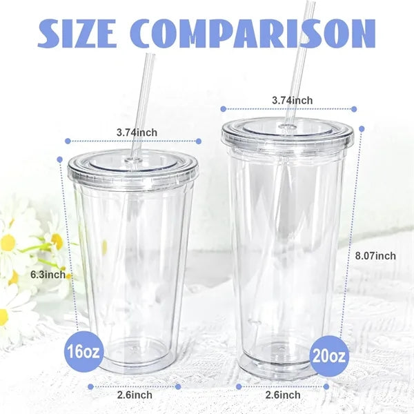 16 oz Double Wall Plastic Cups with Lid&Straw