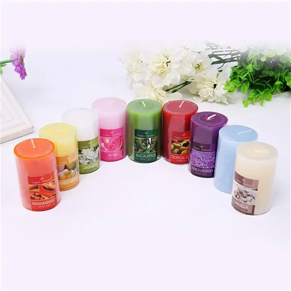 Scented cylindrical wax smokeless aromatherapy candles