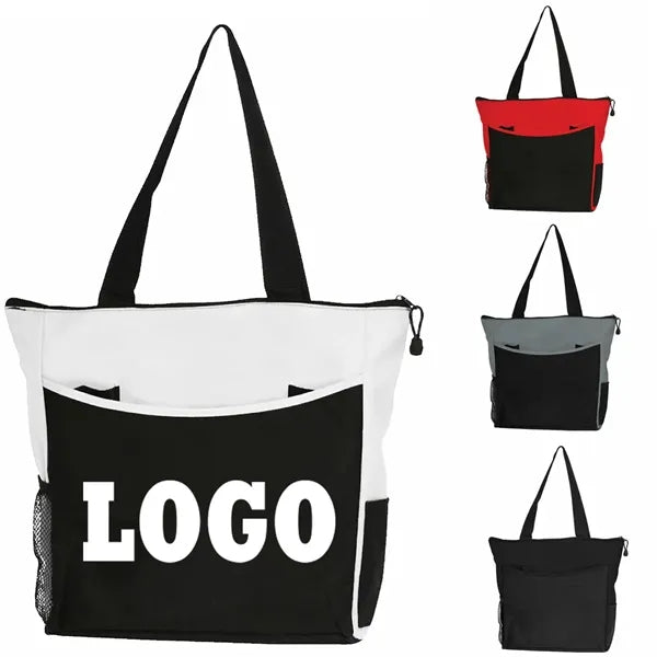 Two-Tone Tote Bag w/an External Pocket, Zipper Closure