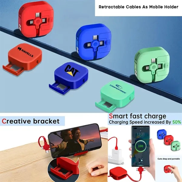 3 in 1 Charging Cable Retractable Square With Mobile Holder
