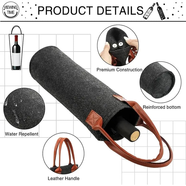 Single Insulated Felt Bottle Wine Tote Bag With Leather Hand