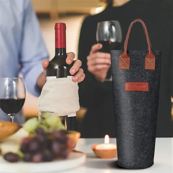 Single Insulated Felt Bottle Wine Tote Bag With Leather Hand
