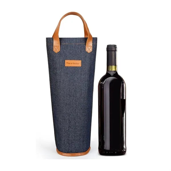 Single Bottle Insulated Wine Tote Bag With Leather Handle