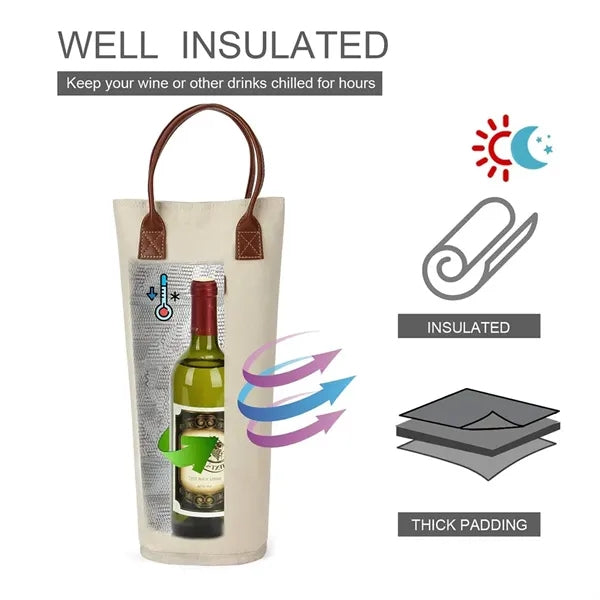 Single Bottle Insulated Wine Tote Bag With Leather Handle