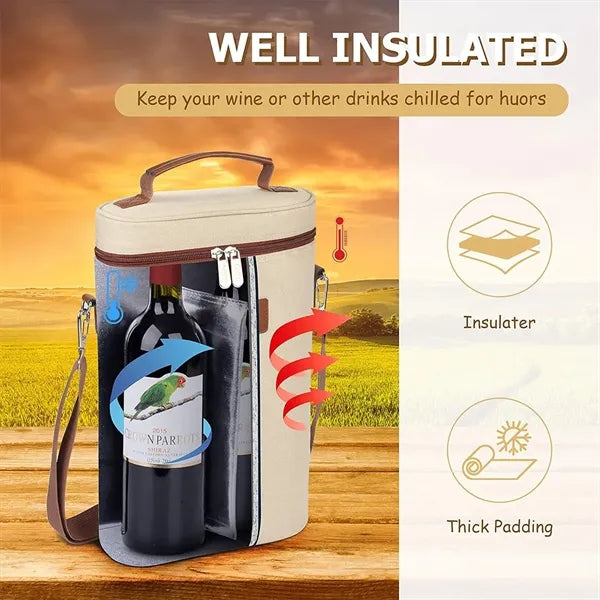 Insulated 2 Bottle Wine Gift Tote Carrier With Strap