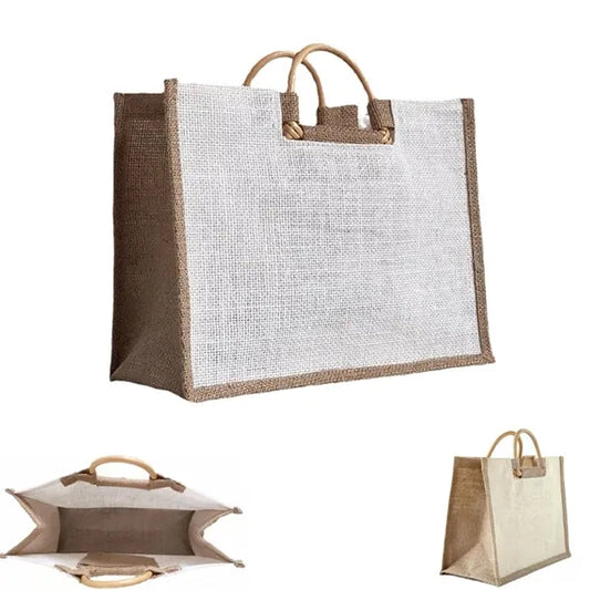 Vine Wood Handle Jute Tote Bag