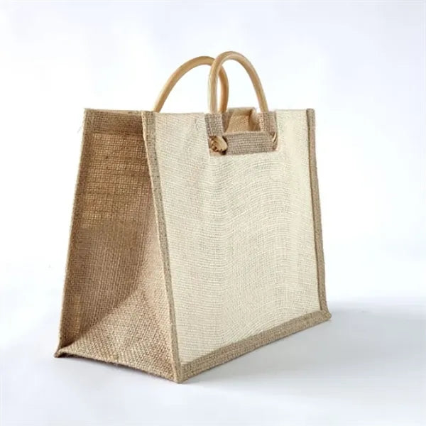 Vine Wood Handle Jute Tote Bag