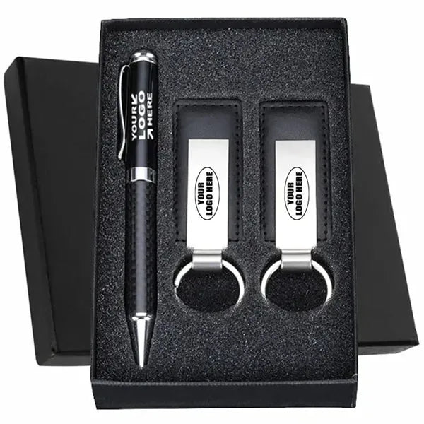 Dual Leatherette Keychains and Ballpoint Pen Gift Set