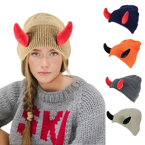 Halloween Devil Horns Winter Knit Cap Novelty Pullover Hat