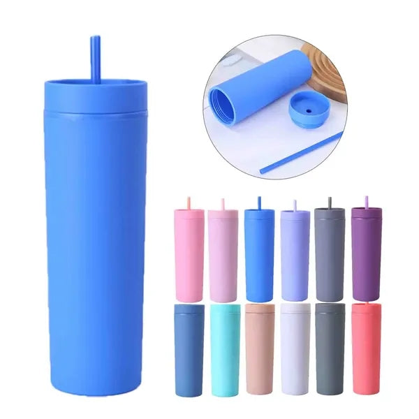 16 oz Plastic Straight Tumbler with Straw Solid Color