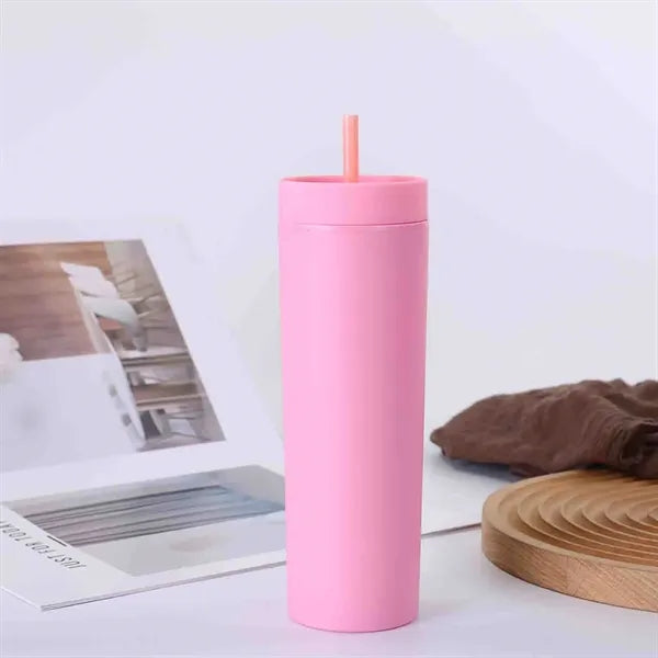 16 oz Plastic Straight Tumbler with Straw Solid Color