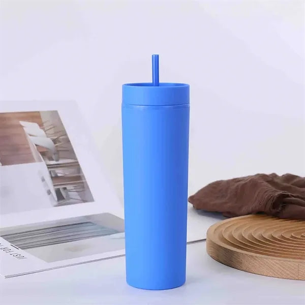 16 oz Plastic Straight Tumbler with Straw Solid Color