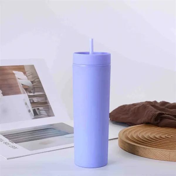 16 oz Plastic Straight Tumbler with Straw Solid Color