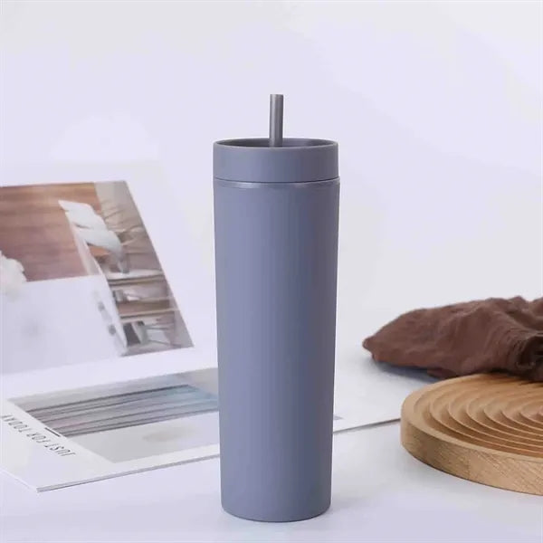 16 oz Plastic Straight Tumbler with Straw Solid Color