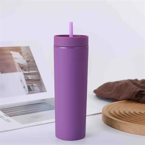 16 oz Plastic Straight Tumbler with Straw Solid Color