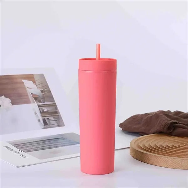 16 oz Plastic Straight Tumbler with Straw Solid Color
